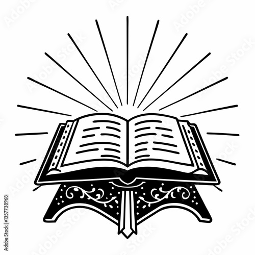 Open book radiating light on ornate stand  