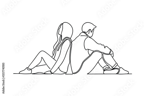 Silhouette Couple BacktoBack Sitting Sadness Relationship Line Art Drawing