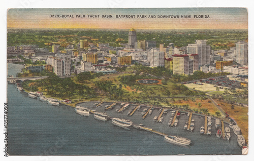 Royal Palm Yacht Basin with Bayfront Park & Downtown Miami Skyline - 1940s-1950s Florida Waterfront Postcard