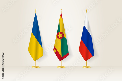 Diplomatic Meeting Representation, Ukraine, Grenada and Russia Flags. Flags on Diplomatic Stands.
