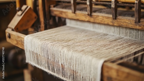 Weaving loom in action crafting organic linen fabric in a traditional workshop with skilled craftsmanship and rich textures