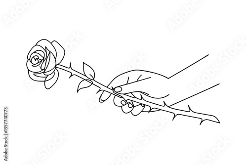 Singleline drawing Hand holding a thorny rose, delicate beauty