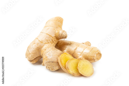 Fresh ginger and lemon isolated on white background. Sliced ​​ginger. Ginger root. Traditional alternative medicine, healing tea for immunity. Close-up.