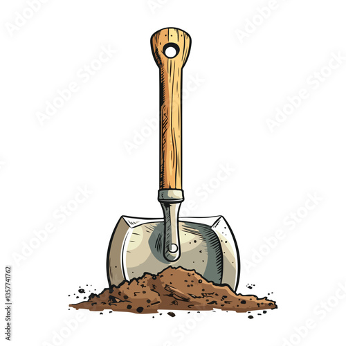 Illustration of a spade in a mound of soil, perfect for agriculture, gardening, and construction design projects. 