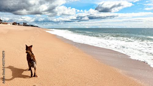 Tableau sur toile Dog Enjoying a Relaxing Walk Along the Beach Shore.