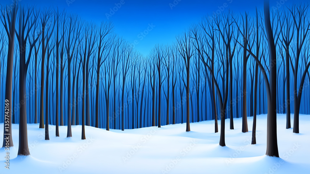 A serene winter landscape featuring tall, bare trees silhouetted against a clear blue sky, blanketed by soft, white snow. Perfect for evoking tranquility and nature's beauty. A serene winter landscape featuring tall, bare trees silhouetted against a clear blue sky, blanketed by soft, white snow. Perfect for evoking tranquility and nature's beauty.