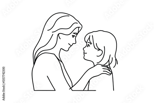 Mother Daughter Love, Tender Embrace, Line Art Drawing, Affectionate Bond, Simple Illustration