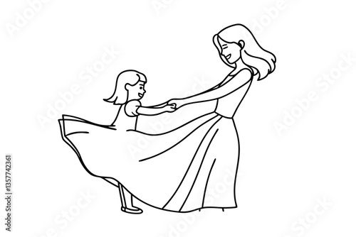 Mother Daughter Line Art Drawing Happy Dance Twirl Joyful Love
