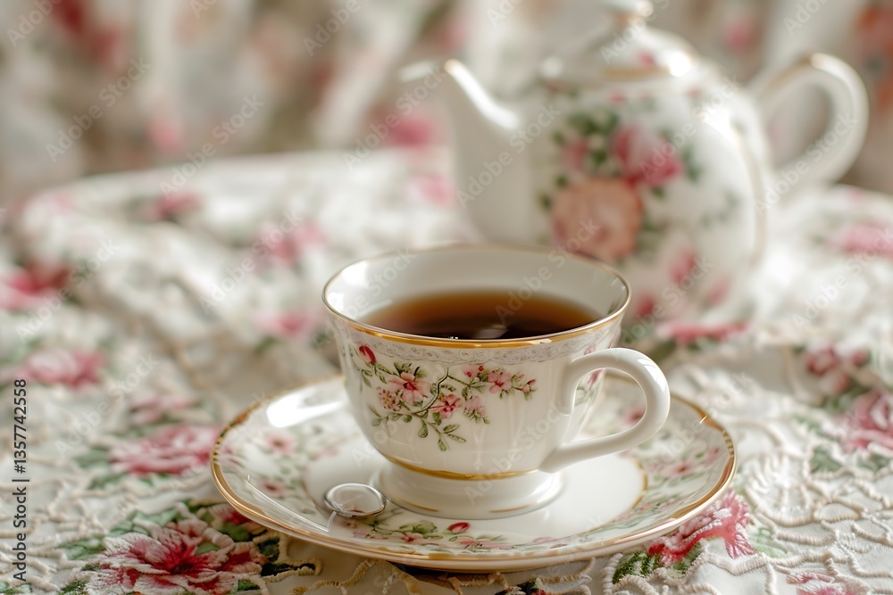 An elegant Earl Grey tea served in a delicate china cup, with a backdrop of a vintage teapot and a floral tablecloth. An elegant Earl Grey tea served in a delicate china cup, with a backdrop of a vintage teapot and a floral tablecloth.