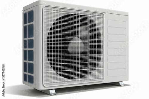 Close up of a white air conditioning unit on white floor