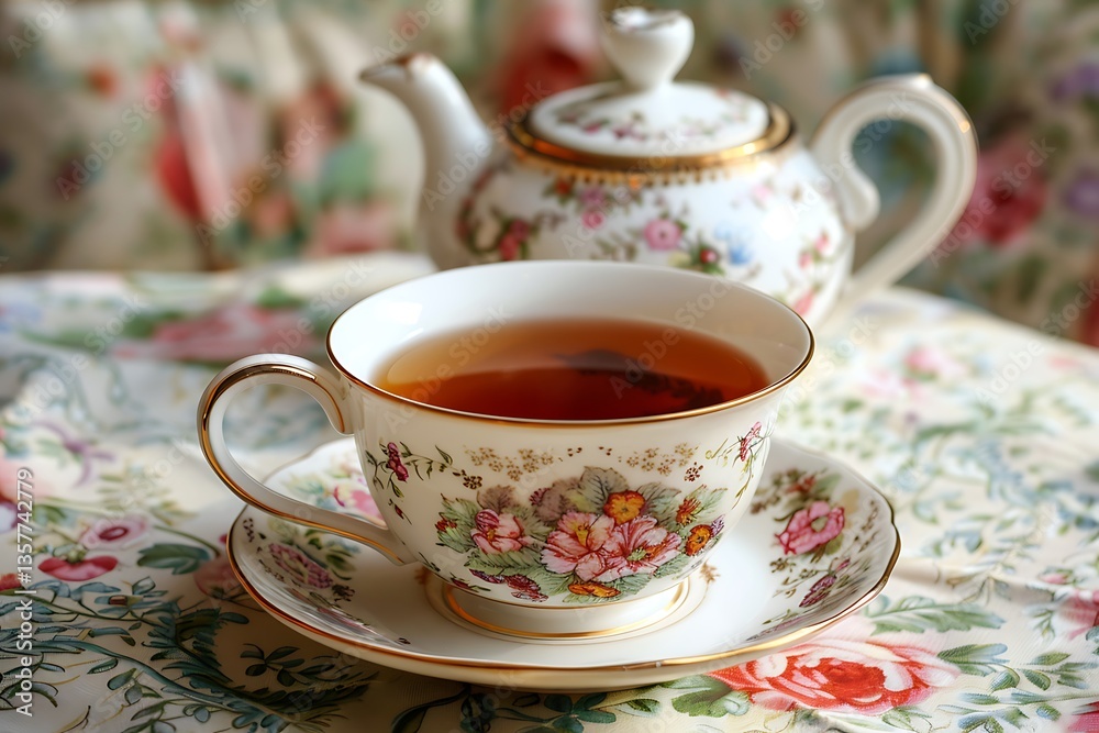 An elegant Earl Grey tea served in a delicate china cup, with a backdrop of a vintage teapot and a floral tablecloth. An elegant Earl Grey tea served in a delicate china cup, with a backdrop of a vintage teapot and a floral tablecloth.