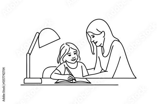 Mother assisting daughter with homework, study, learning, education, childhood, desk lamp, home, ass