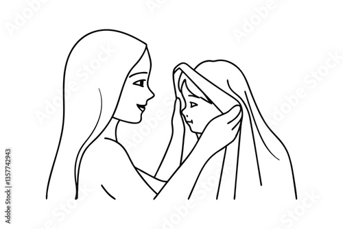 Mothers gentle hands, veiling her child, tender love, serene moment, pure affection, peaceful scene,