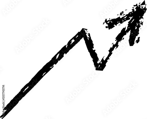 Black upward trending arrow with a zigzag line hand drawn with chalk on a white background, suggesting growth, progress, and positive development