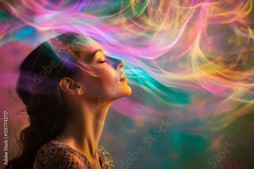 Woman engaged in breathwork practice with psychedelic energy and calm aura