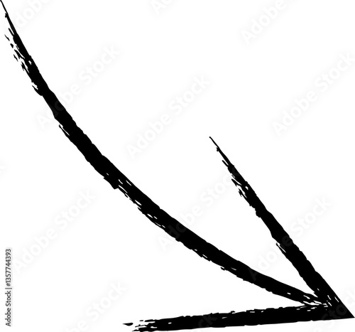 Black grunge arrow pointing down and to the right, hand drawn with chalk or charcoal, isolated on a white background, giving a vintage or rustic look