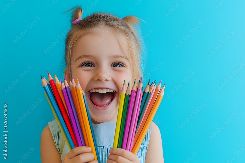 Joyful caucasian child holding colorful pencils against blue background Joyful caucasian child holding colorful pencils against blue background