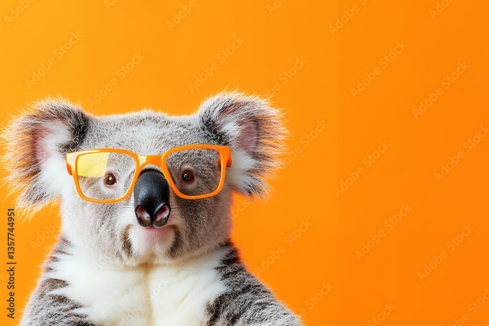 Fototapeta premium Stylish koala with orange glasses against vibrant background