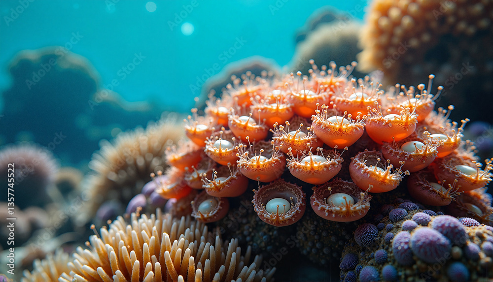 Fototapeta premium Colorful mollusk shells thriving on vibrant coral reef 