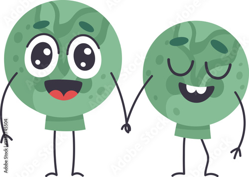 Two funny cartoon planets holding hands, one with open surprised eyes and the other with closed relaxed eyes, both smiling, ideal for children book illustrations or fantasy world creations