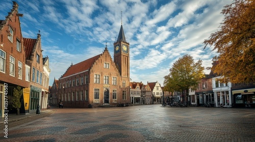 A city hall with classic brickwork and a clock tower in the town square