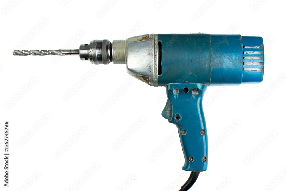 drill on white background. Tool. Top view. drill on white background. Tool. Top view.