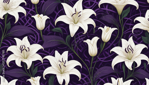 A lush vector pattern of deep violet vines interlocking in a maze-like flow, accented by radiant white lilies