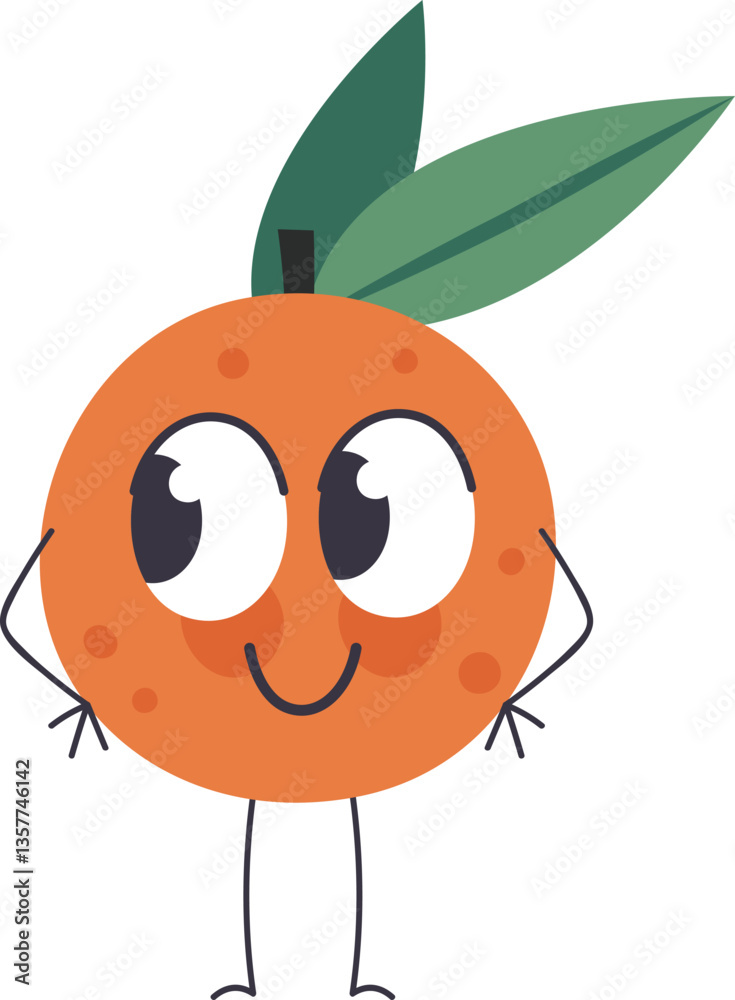 Obraz premium Cartoon orange fruit character with big eyes and a smile is standing with its hands on its hips, conveying a playful and confident attitude