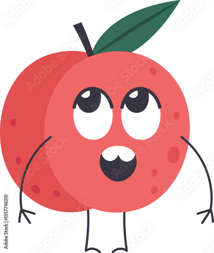 Surprised red apple cartoon character standing with arms down and mouth wide open, featuring big expressive eyes and a vibrant green leaf on top, exuding a playful and cheerful vibe