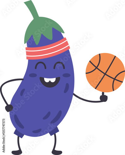 Cartoon eggplant with headband holding a basketball, smiling and promoting healthy habits through physical activity and sports, ideal for promoting fitness and wellbeing