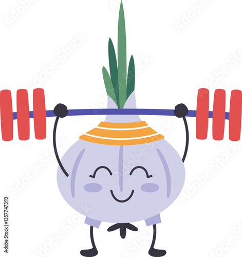 Cartoon garlic bulb wearing shorts and a headband, happily lifting weights while promoting healthy eating habits and an active lifestyle, embodying fitness and wellness
