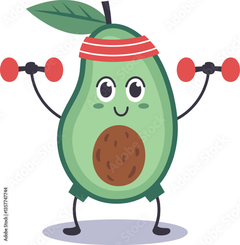 Cheerful avocado character wearing a red headband lifting weights, embodying healthy lifestyle and fitness, promoting healthy eating habits and exercise