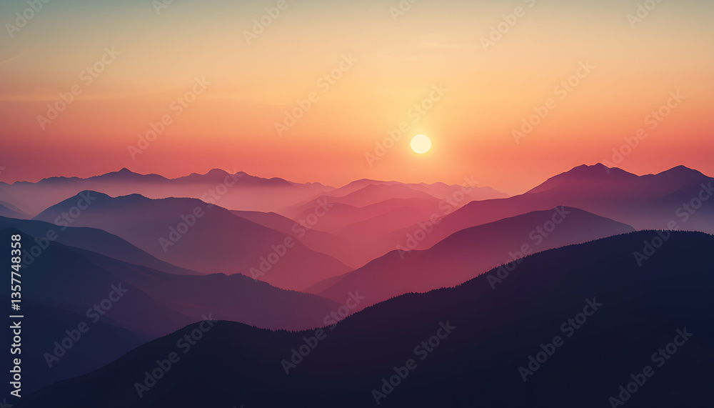 Obraz premium Mountains Silhouettes at Colorful Sunset Sky Panorama Natural Landscape