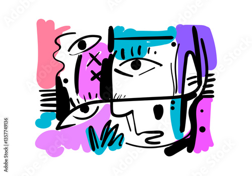 Background abstract art illustration featuring a stylized face with fluid lines and expressive shapes.