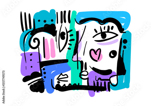 Background abstract art illustration featuring a stylized face with fluid lines and expressive shapes.