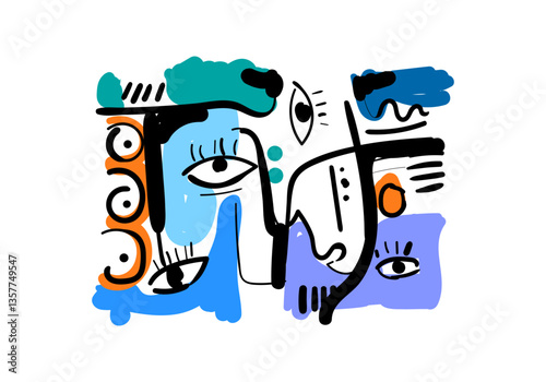 Background abstract art illustration featuring a stylized face with fluid lines and expressive shapes.