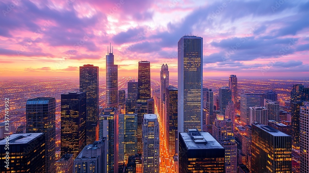 Obraz premium Vibrant sunset cityscape with skyscrapers and city lights