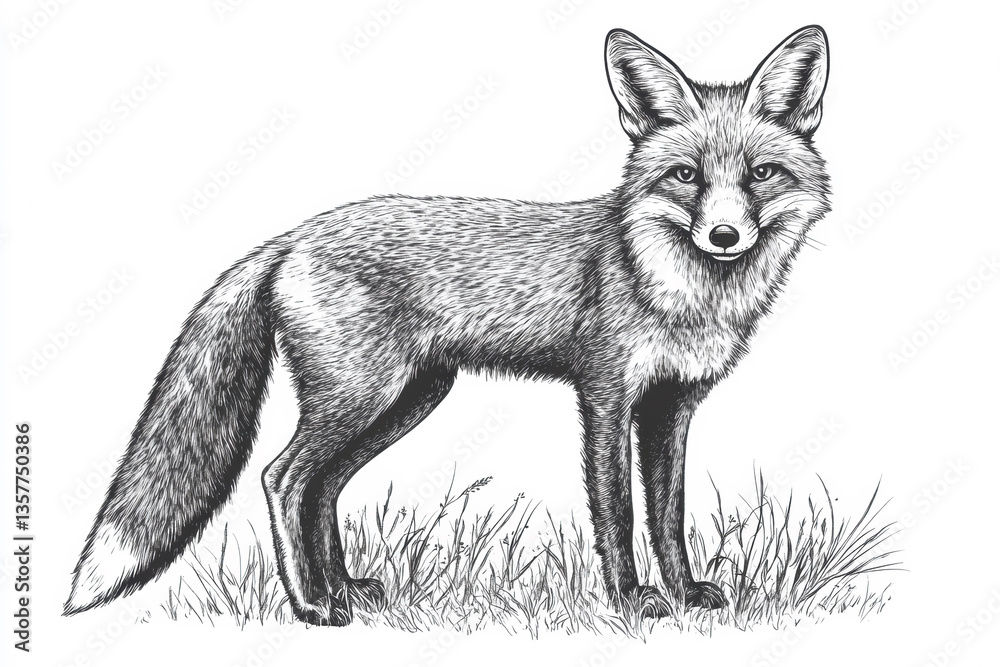 Obraz premium Detailed illustration of a fox standing in a grassy field, showing intricate fur patterns and attentive posture, evoking a sense of wilderness and natural beauty Generative AI