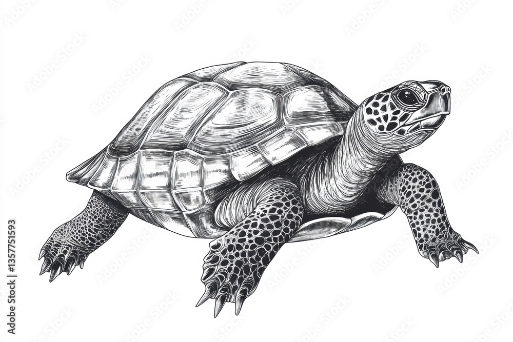 Fototapeta premium Detailed illustration of a tortoise exploring its surroundings in a natural habitat, showcasing unique shell patterns and texture during daylight hours Generative AI
