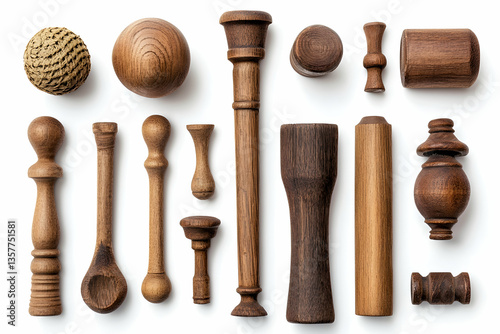 Assorted wooden objects on a white background flat lay
