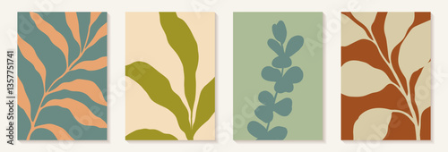 Abstract art background with leaves branch and Hand Drawn doodle Scribble floral plants. Design wall decoration, poster