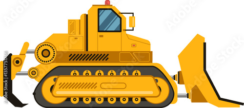 Yellow bulldozer pushing dirt and debris across a construction site, expertly performing earthmoving tasks with its powerful blade and sturdy tracked wheels, reshaping the landscape