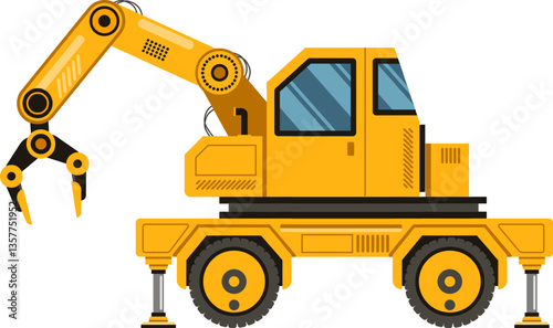 Side view of a robotic crane lifting heavy loads with a hydraulic arm, mounted on a vibrant yellow truck, set against a clean white background