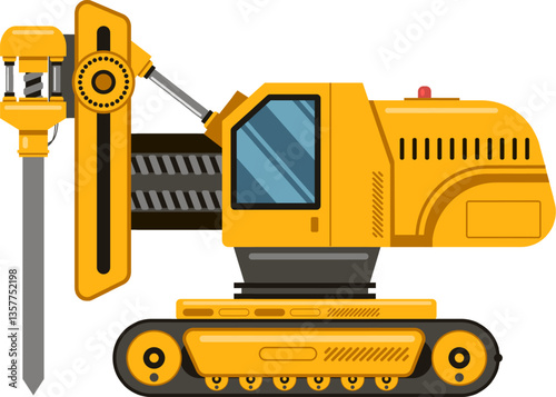 Side view of a robust yellow rotary drilling rig, highlighting its tracked base, powerful drill mechanism, and operator cabin, ready for excavating and constructing infrastructure