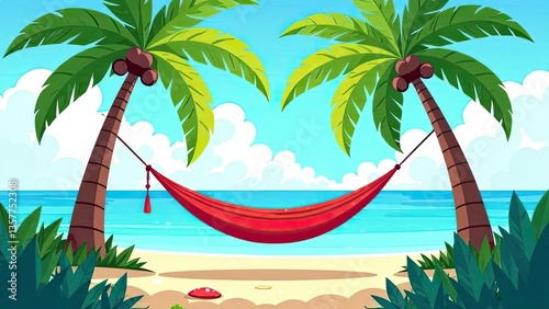 Hanging hammock stretched between two palm trees on a tropical island with white sand beach. Ocean shore pic