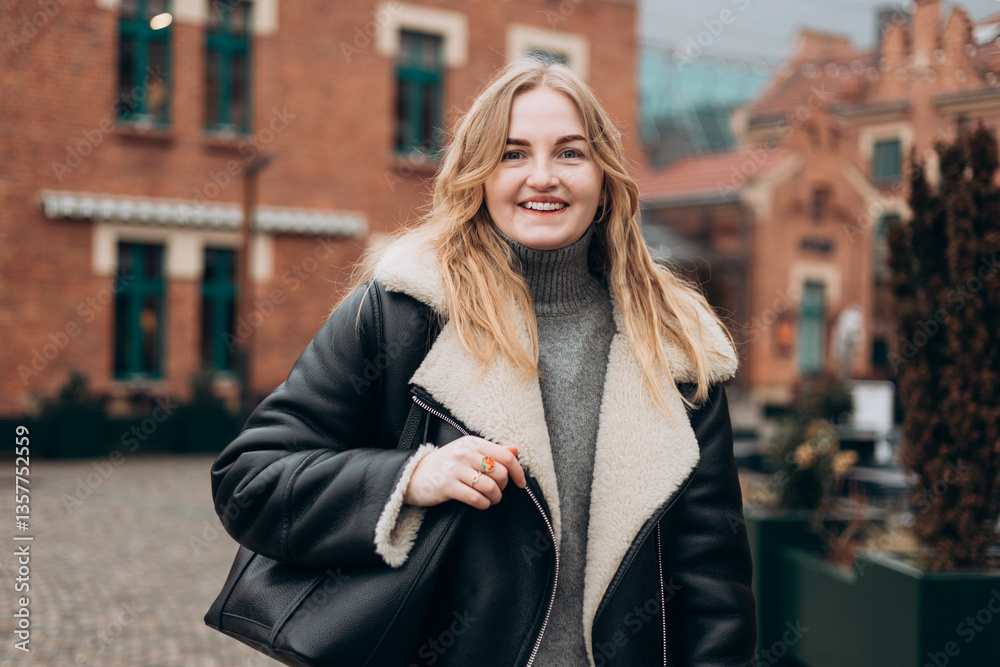 Stylish attractive young smiling 30s woman walking on city street in winter outfit, old town. Urban lifestyle concept. Portrait of happy woman looking at camera outdoor. High quality photo.