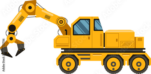 Side view of a yellow log loader truck with a robotic arm and claw, efficiently manipulating logs for forestry and lumber processing operations