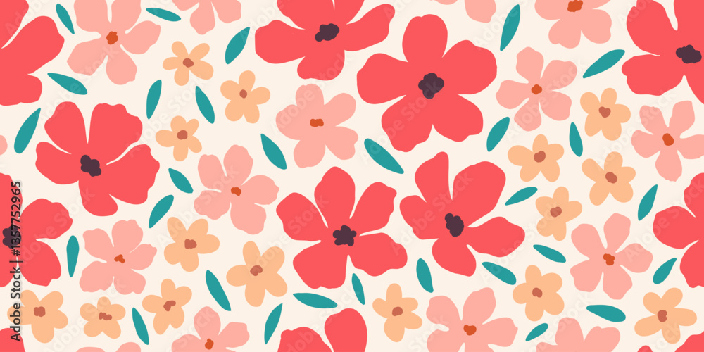 Fototapeta premium Seamless pattern painting flowers and leaves background vector. Wallpaper design with hand draw retro flowers, bouquets, leaves. Vintage botanical floral pattern, fabric and retro texture