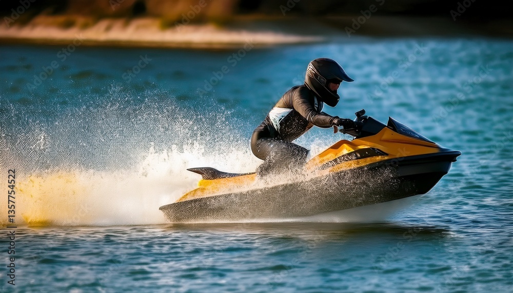 Fototapeta premium A low angle view of the back of a jet ski with a rider; splashing water and waves; summer time; an action pack image of a jet skier racing on the open water; jet ski racer in a water sport race; 