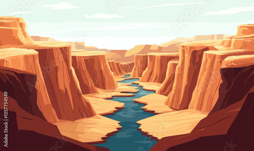 Majestic Canyon River Scene Vector Illustration: Smooth 3D Landscape Art
